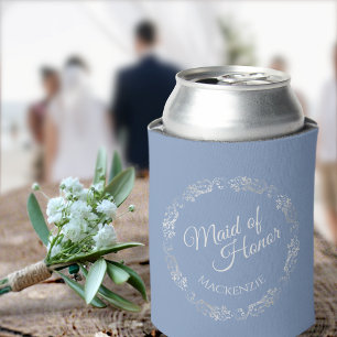 Silver Lace on Dusty Blue Maid of Honour Wedding Can Cooler
