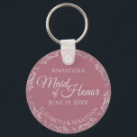 Silver Lace on Dusty Rose Maid of Honour Wedding Key Ring<br><div class="desc">These beautiful keychains are designed to be given as a gift or wedding favour to your maid of honour. The elegant design features a frilly silver grey faux foil border with pale grey text on a dusty rose or mauve pink background. There is space for her name, the wedding date...</div>