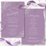 Silver Lace on Lavender Budget Wedding Program<br><div class="desc">These wedding programs are elegant and tasteful, while still being budget friendly. The design features ornate silver grey faux foil lace with pale grey text on a dusty purple or lavender coloured background. The typography features lacy script calligraphy, and there is room for details on the ceremony, the bridal party,...</div>