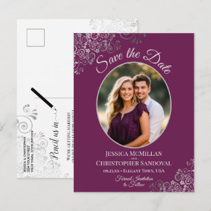 Silver Lace on Magenta Wedding Save the Date Photo Announcement Postcard
