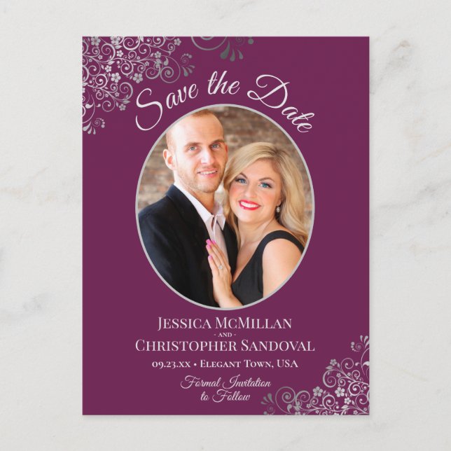 Silver Lace on Magenta Wedding Save the Date Photo Announcement Postcard (Front)