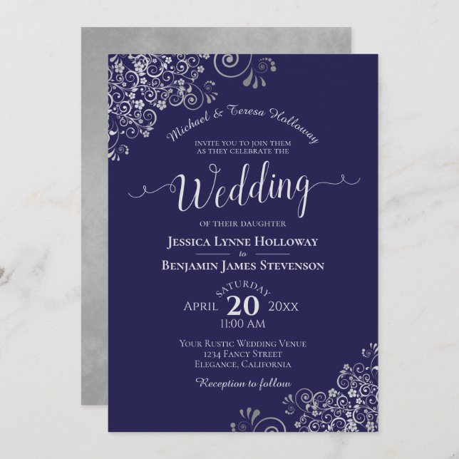Silver Lace on Navy Blue Elegant Formal Wedding Invitation (Front/Back)