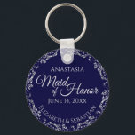 Silver Lace on Navy Blue Maid of Honour Wedding Key Ring<br><div class="desc">These beautiful keychains are designed to be given as a gift or wedding favour to your maid of honour. The elegant design features a frilly silver grey faux foil border with pale grey text on a navy blue background. There is space for her name, the wedding date and the names...</div>