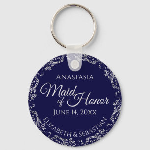Silver Lace on Navy Blue Maid of Honour Wedding Key Ring
