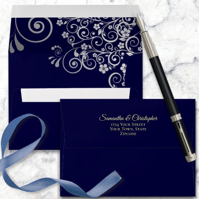 Silver Lace on Navy Blue Simple Elegant Wedding Envelope (Creator Uploaded)