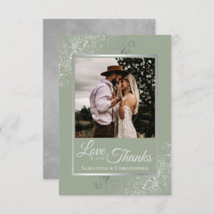 Silver Lace on Sage Green Love & Thanks Wedding Thank You Card