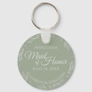 Silver Lace on Sage Green Maid of Honour Wedding Key Ring