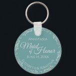 Silver Lace on Teal Elegant Maid of Honour Wedding Key Ring<br><div class="desc">These beautiful keychains are designed to be given as a gift or wedding favour to your maid of honour. The elegant design features a frilly silver grey faux foil border with pale grey text on a teal or turquoise background. There is space for her name, the wedding date and the...</div>