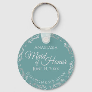 Silver Lace on Teal Elegant Maid of Honour Wedding Key Ring