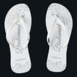 Silver Lace on White Elegant Bridesmaid Wedding Jandals<br><div class="desc">These elegant wedding flip flops are a great way to thank and recognise your bridesmaids, while giving their feet a rest after a long day. The beautiful design features an elegant design with silver grey lace frills on a white background and fancy grey script lettering. The text reads Bridesmaid with...</div>