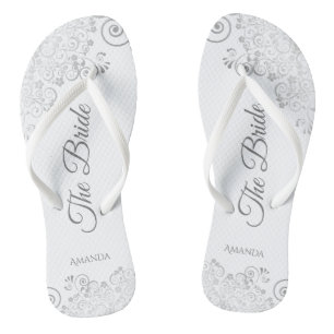 Silver Lace on White Elegant The Bride Wedding Jandals