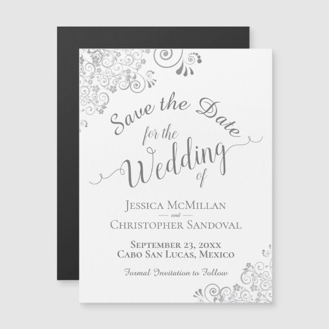 Silver Lace on White Wedding Save the Date Magnet (Front/Back)