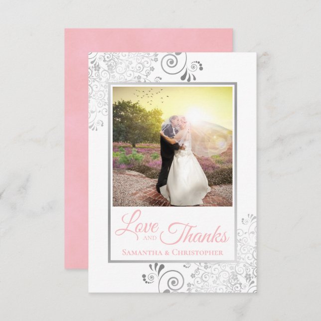 Silver Lace Pink on White Love & Thanks Wedding Thank You Card (Front/Back)