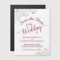 Silver Lace Red on White Save the Date Magnet