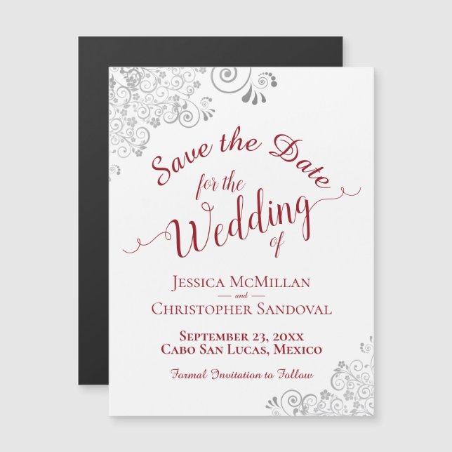 Silver Lace Red on White Save the Date Magnet (Front/Back)