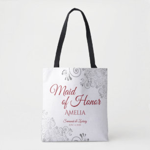 Silver Lace Red & White Maid of Honour Wedding Tote Bag