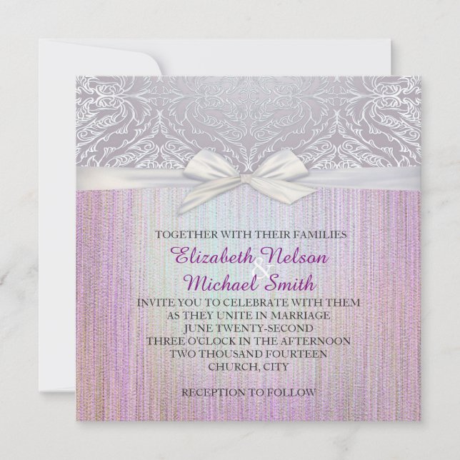 Silver Lace Ribbon Lavender Pastel Wedding Invite (Front)