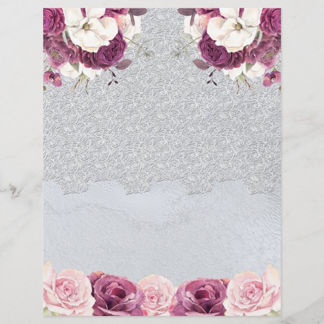 Silver Lace & Romantic Floral Scrapbook Paper (Front)