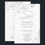 Silver Lace Sage on White Budget Wedding Program<br><div class="desc">These wedding programs are elegant and tasteful, while still being budget friendly. The design features ornate silver grey faux foil lace with sage green and grey text on a white background. The typography features lacy script calligraphy, and there is room for details on the ceremony, the bridal party, and a...</div>