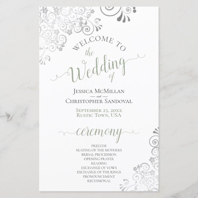 Silver Lace Sage on White Budget Wedding Program (Front)
