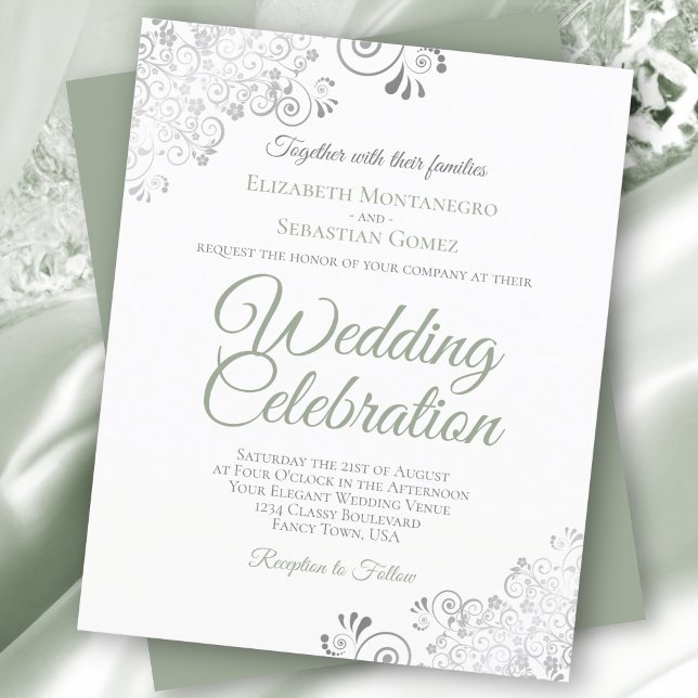 Silver Lace Sage & White BUDGET Wedding Invitation (Creator Uploaded)