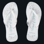 Silver Lace & Teal Chic Maid of Honour Wedding Jandals<br><div class="desc">These beautiful wedding flip flops are a great way to thank and recognise your Maid of Honour while saving her feet at the same time. Features an elegant design with silver grey lace on a white background and fancy turquoise or teal coloured script lettering. The test reads Maid of Honour...</div>
