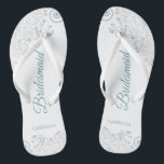 Silver Lace Teal Elegant White Bridesmaid Wedding Jandals<br><div class="desc">These elegant wedding flip flops are a great way to thank and recognise your bridesmaids, while giving their feet a rest after a long day. The beautiful design features an elegant design with silver grey lace frills on a white background and fancy teal or turquoise coloured script lettering. The text...</div>
