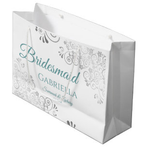 Silver Lace Teal on White Bridesmaid Wedding Large Gift Bag