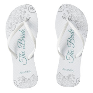 Silver Lace & Teal on White The Bride Wedding Jandals