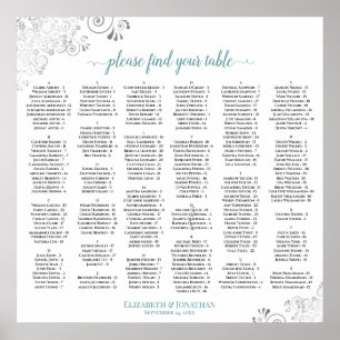 Silver Lace Teal Script Alphabetical Seating Chart