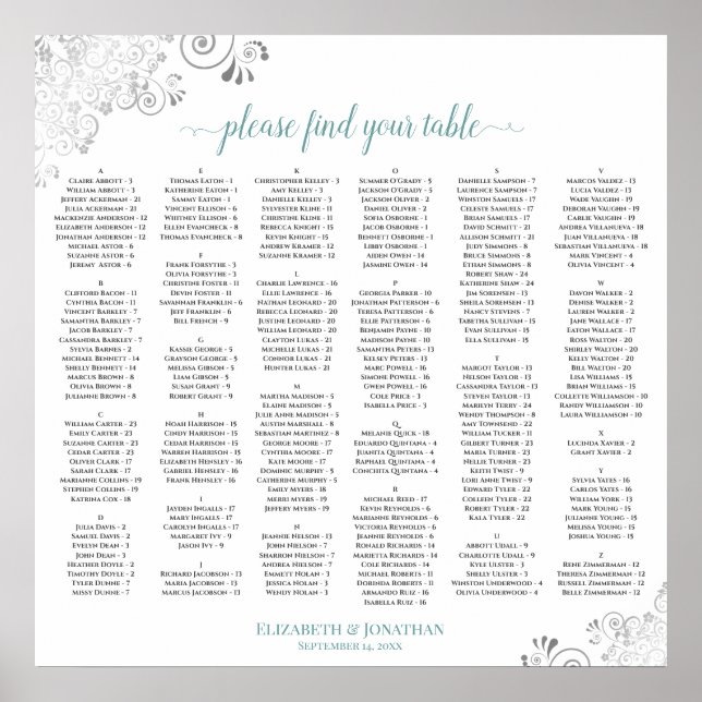 Silver Lace Teal Script Alphabetical Seating Chart (Front)
