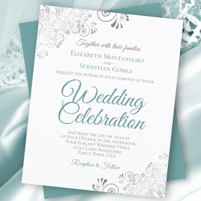 Silver Lace Teal & White BUDGET Wedding Invitation (Creator Uploaded)