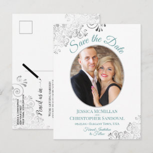 Silver Lace Teal White Wedding Save the Date Photo Announcement Postcard