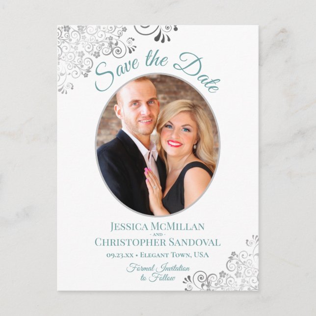 Silver Lace Teal White Wedding Save the Date Photo Announcement Postcard (Front)