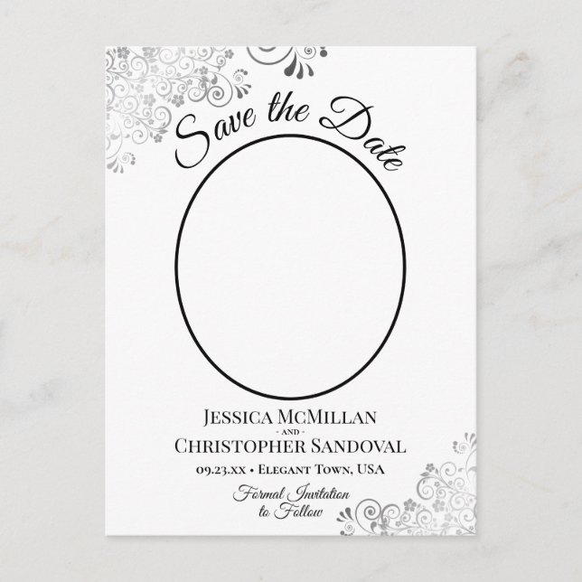 Silver Lace White Wedding Save the Date Oval Photo Announcement Postcard (Front)