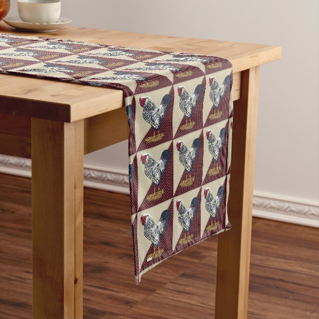 Silver Laced Wyandotte Rooster Cream Dots Burgundy Short Table Runner (In Situ)
