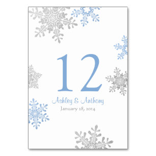 Silver Lapis Blue White Snowflakes Winter Wedding Table Number