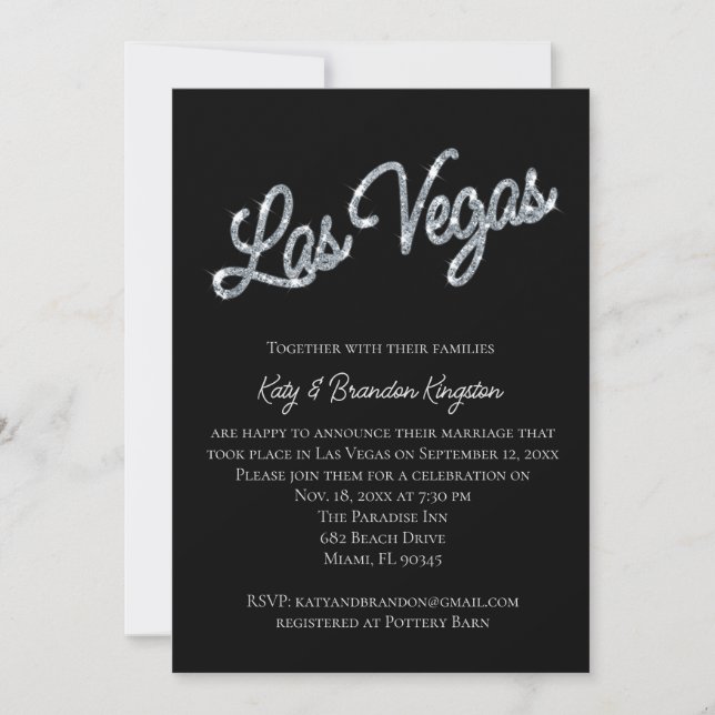 Silver Las Vegas Sparkles Post Wedding Invitation (Front)