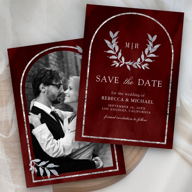 Silver Laurel Wreath Leaves Burgundy Red Wedding Save The Date (Creator Uploaded)