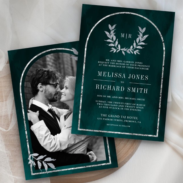 Silver Laurel Wreath Leaves Dark Teal Wedding Invitation (Creator Uploaded)