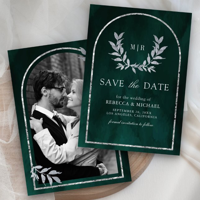 Silver Laurel Wreath Leaves Emerald Green Wedding Save The Date (Creator Uploaded)