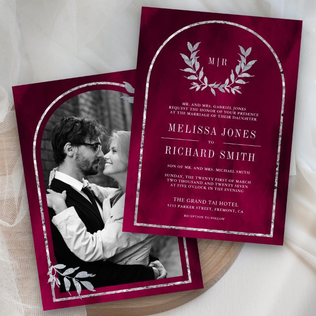 Silver Laurel Wreath Leaves Fuchsia Pink Wedding Invitation (Creator Uploaded)