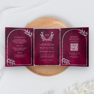 Silver Laurel Wreath Leaves Fuchsia Pink Wedding Tri-Fold Invitation
