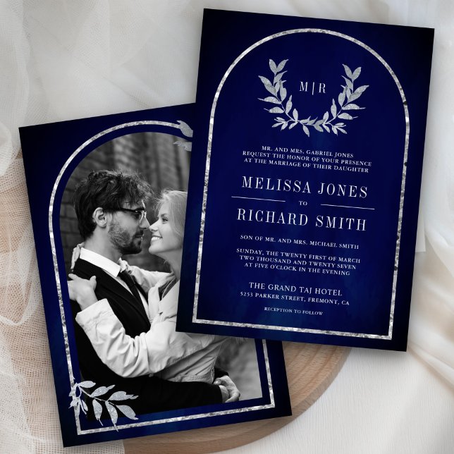 Silver Laurel Wreath Leaves Royal Blue Wedding Invitation (Creator Uploaded)