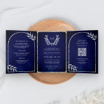 Silver Laurel Wreath Leaves Royal Blue Wedding Tri-Fold Invitation<br><div class="desc">Amaze your guests with this elegant all in one wedding invite featuring beautiful silver leaves branch with QR Code for online RSVP. Simply add your event details on this easy-to-use template and adorn this card with your favourite photo to make it a one-of-a-kind invitation.</div>