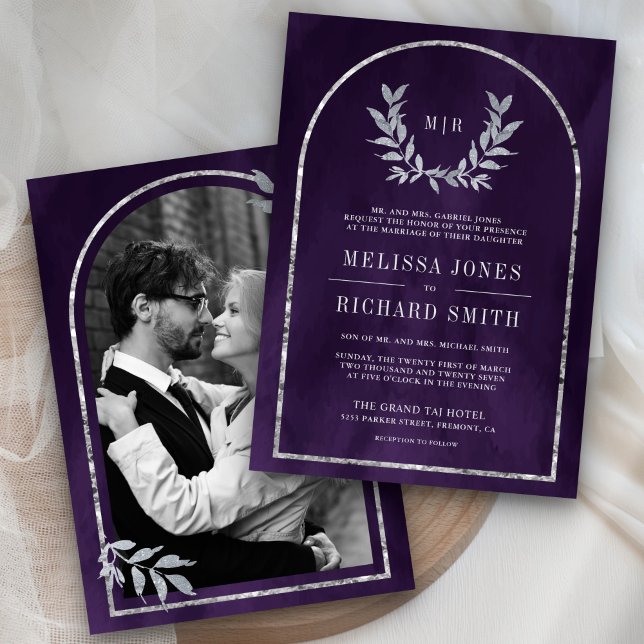 Silver Laurel Wreath Leaves Royal Purple Wedding Invitation (Creator Uploaded)
