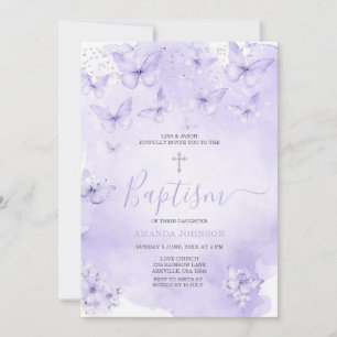 Silver Lavender Butterfly Baptism Purple Invitation