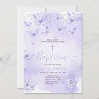 Silver Lavender Butterfly Baptism Purple Invitation