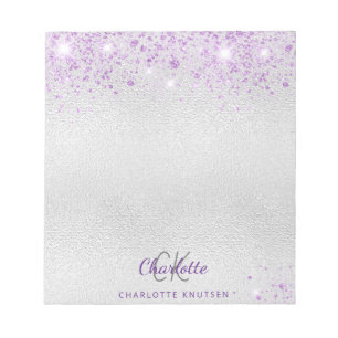 Silver lavender glitter monogram initials name notepad