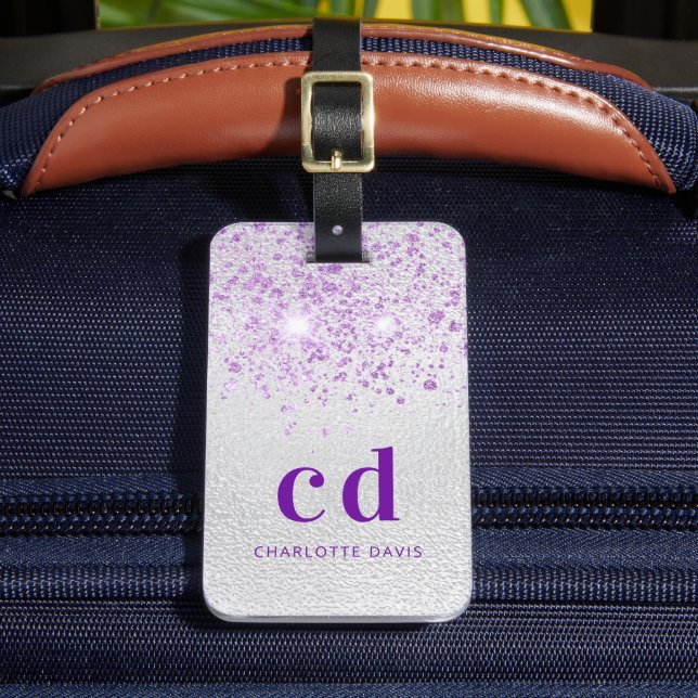 Silver lavender glitter monogram name luggage tag (Front Insitu 2)
